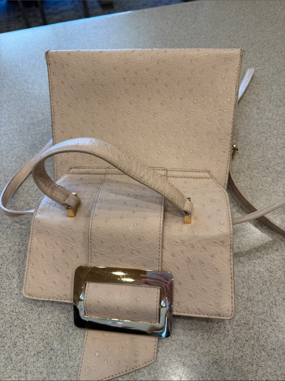 Crossing Vegan Leather Beige Structured Top-Handle Crossbody Bag w/ Gold Buckle - Picture 9 of 9